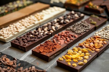 Wall Mural - Assorted single-origin chocolate bars with vibrant toppings