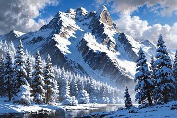 Wall Mural - A snowy mountain range with a river running through it