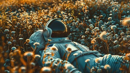 Canvas Print - Astronaut lying in flower field, dreaming about planet earth, space exploration dream concept