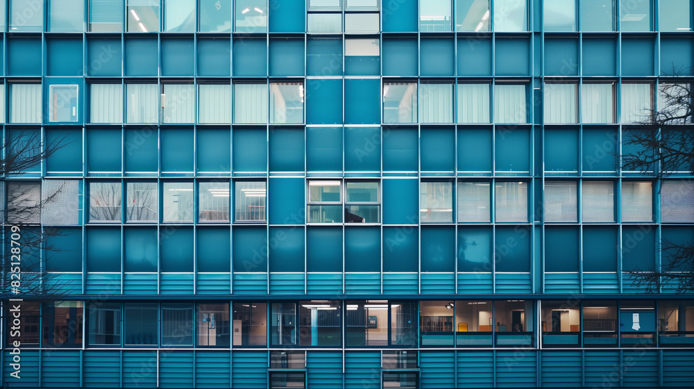 A contemporary university building featuring a striking blue and cyan ...
