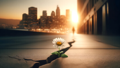 Wall Mural - a single white daisy growing out of a crack in a city sidewalk. The background features a blurred cityscape with tall buildings and a setting sun, casting a warm, golden light. 