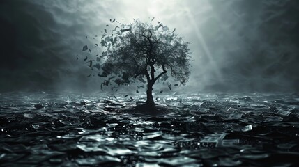 Wall Mural - A leafless tree with dark shadows and torn banknotes around, representing financial downfall, highresolution, clear and bleak, sharp and professional image.