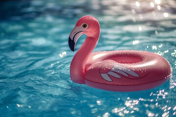 Inflatable flamingo floating in blue water at a summer pool party.
