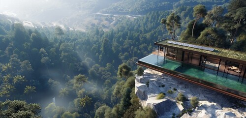 An aerial view of an opulent, minimalist cabin on a mountain peak, surrounded by dense forests. The cabin boasts a crystal-clear swimming pool with water appearing to spill into the valley below. 