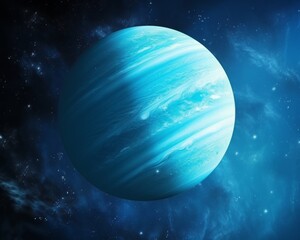 Wall Mural - A stunning high-resolution image of a blue gas giant planet in outer space, surrounded by stars and cosmic dust.