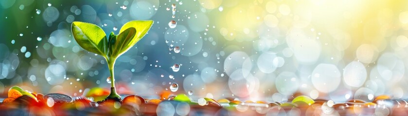 A vibrant seedling being watered with droplets, surrounded by scattered coins, representing economic growth, isolated on white background, copy space, highresolution, sharp and col