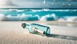 © AB_ - A weathered glass bottle with a rolled-up message inside rests on a pristine white sand beach with turquoise waves crashing in the background