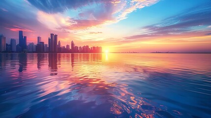 Stunning sunrise over a calm city skyline reflects beautifully in the calm waters, creating a serene and vibrant cityscape with colorful skies.