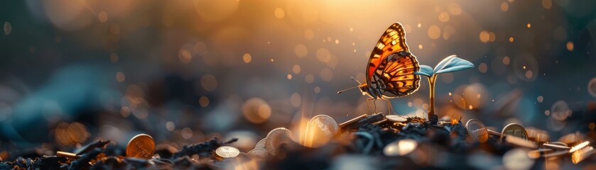 A small seedling with a butterfly perched on it and gold coins surrounding, representing economic prosperity, sharp and vivid, highquality, clear and colorful image.