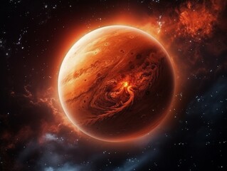Wall Mural - Stunning image of a fiery red planet with swirling gases in deep space. Captures the beauty and mystery of the universe.