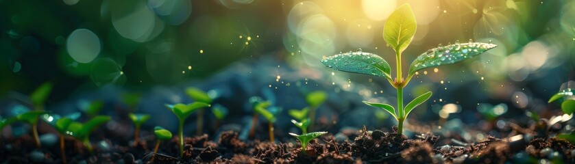 A tiny seedling sprouting with a positive financial growth message, symbolizing economic prosperity, highresolution, bright and clear, vibrant and professional stock photo.