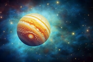 Wall Mural - Vibrant depiction of the planet Jupiter amidst a star-studded galaxy, showcasing its colorful bands and the Great Red Spot.