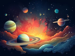 Wall Mural - Vibrant illustration of a space scene featuring multiple planets and stars with a colorful cosmic explosion in the background.