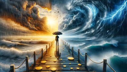 Wall Mural - a person standing on a wooden path, holding an umbrella, with a dramatic scene of contrasting weather.