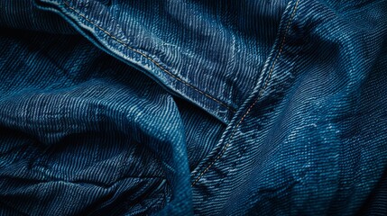 The image features trendy blue denim pants from a new jeans collection. This close-up clothes photography provides a detailed view of the fabric texture and design