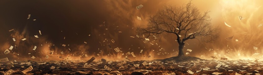 Wall Mural - A leafless tree amidst a sandstorm with old banknotes around, representing financial hardship, highresolution, clear and bleak, sharp and professional image.