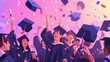 © Analogue - An illustration of a graduation ceremony with characters in caps and gowns, celebrating together in a 2D flat style with clean lines and a simple composition to highlight the joy and excitement of