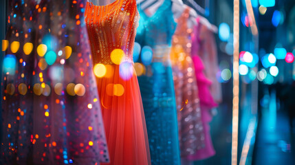 Vibrant dresses displayed in a fashion boutique's window.