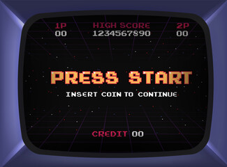 Poster - PRESS START INSERT A COIN TO CONTINUE .pixel art .8 bit game.retro game. for game assets in vector illustrations.Retro Futurism Sci-Fi Background. glowing neon grid.and stars from vintage arcade comp