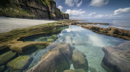 Wall Mural - An empty beach with a series of natural rock pools, the clear pools reflecting the sky and surrounding cliffs, offering a serene and untouched scene.