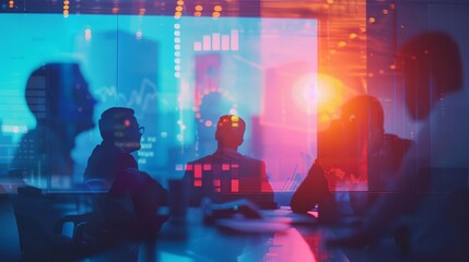 business consultant displaying holographic swot analysis to clients in meeting room with blurred background