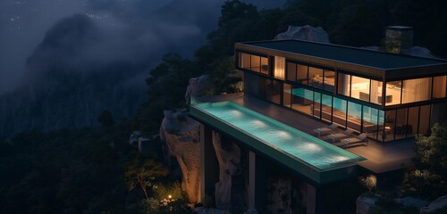 Wall Mural - An evening shot of a high-end cabin on a mountain top, with a swimming pool that glows with internal lighting, contrasting against the dark, wooded surroundings. 
