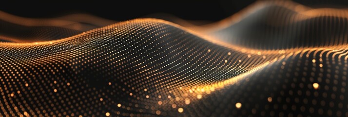 Abstract background with glowing dots and waves on a black background. Abstract digital wallpaper in the style of a futuristic design for a banner or presentation. Black and gold colors