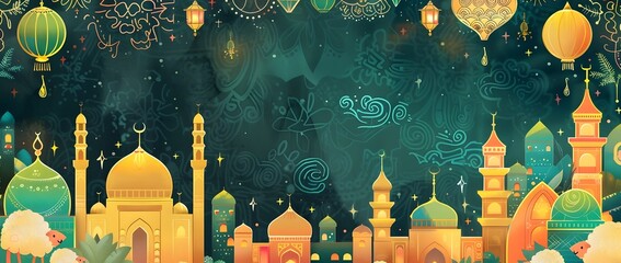 Wall Mural - Ornate Eid al Adha with Vibrant Mosques Radiant Lanterns and Woolly Sheep in Lush Emerald Royal Blue and Shimmering Gold Doodle Border Design