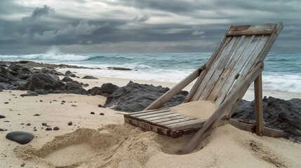 Wall Mural - An old wooden beach chair half-buried in sand near a rocky shoreline, waves gently breaking in the background under a cloudy sky, evoking a sense of time passing.
