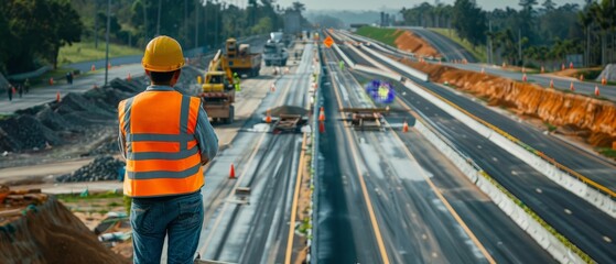 Civil engineer wearing hard hat and safety vest at construction site