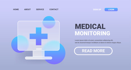 Online medical monitoring horizontal landing page. Glass morphism health care service