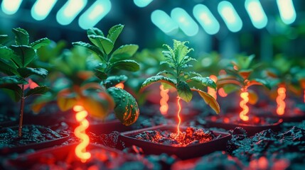 Vibrant seedlings sprouting in a plant nursery with dollar signs around, financial prosperity theme, highresolution, sharp detail, bright and colorful image.