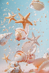 Wall Mural - Starfish and shells levitation in air over sand with sparkling particles against blue background