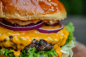 Sticker - Close-up of a juicy and savory cheeseburger with melted cheddar cheese. Grilled beef patty. Fresh toppings. And a sesame seed bun