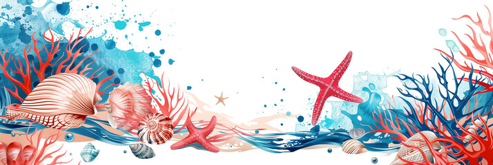 Wall Mural - Vibrant coral and seashell frame banner with starfish and seaweed, white background. Panoramic web header. Wide screen wallpaper with copy space