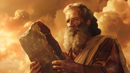 Wall Mural - moses holding the ten commandments stone tablets biblical character illustration with blurred background