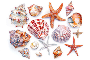 Wall Mural - Collection of various seashells and starfish isolated on white background