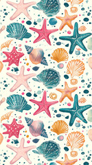 Wall Mural - Decorative watercolor pattern of seashells and starfish in vibrant colors