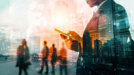 Double exposure of a businessman using a smartphone with a cityscape background, symbolizing modern business communication and urban life.