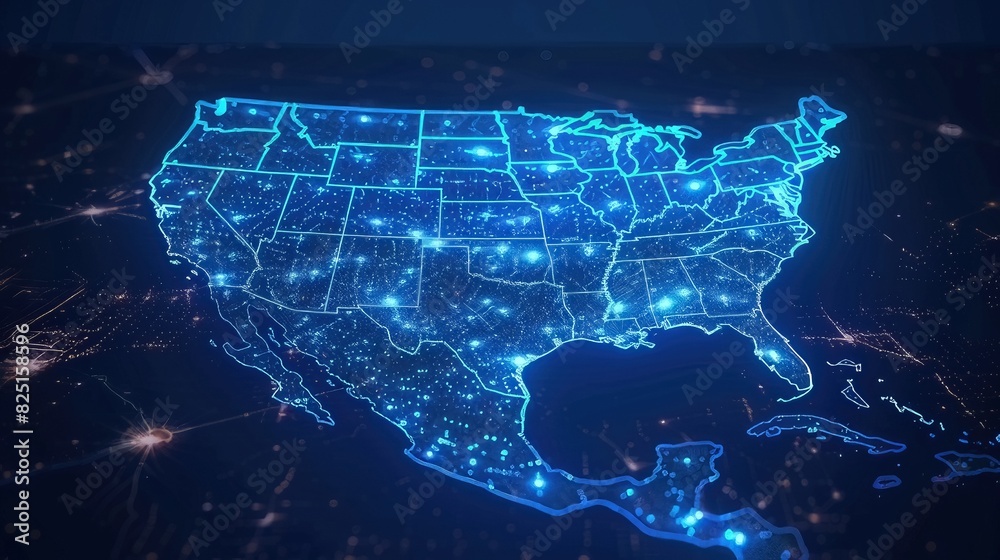 The digital map of the USA illustrates the global network and ...