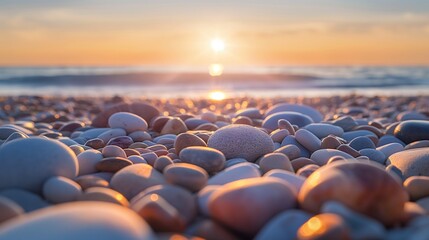 Wall Mural - The first light of day breaking over a beach with smooth stones and pebbles, each detail highlighted by the sun's warm rays, offering a sense of peace and new beginnings.
