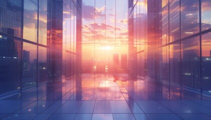 Poster - Modern city center with glass buildings and empty streets, perspective view of office building podium with sunlight. Background with skyscrapers and sky at sunset