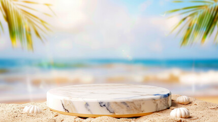 Marble podium in tropical sand with a blurred ocean background, bright sunny day at the beach, product display concept, luxurious and elegant setting.