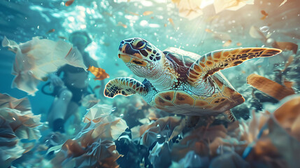 Wall Mural - Rescue Team Saving Sea Turtle from Plastic Waste: Human Efforts for Marine Life in High Resolution Image