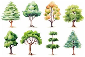 illustration watercolor tree collection set, grungy texture aquarelle on white background
