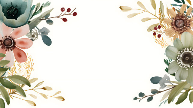 Digital retro boho flowers border graphics background