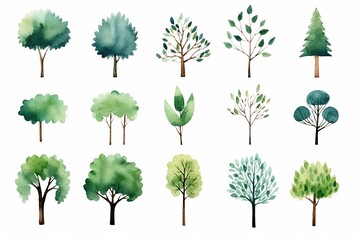 Wall Mural - illustration watercolor tree collection set, grungy texture aquarelle on white background