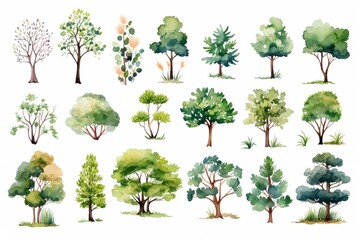 illustration watercolor spring summer tree collection set, grungy texture aquarelle on white backgro
