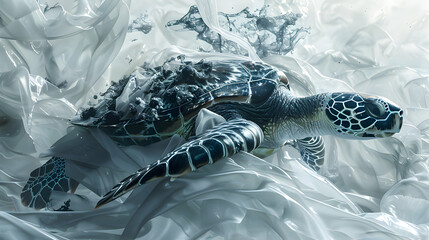 Wall Mural - Glossy High Resolution Image: Turtle Entangled in Plastic Waste, highlighting Carbon Emissions  Pollution Impact on Marine Life