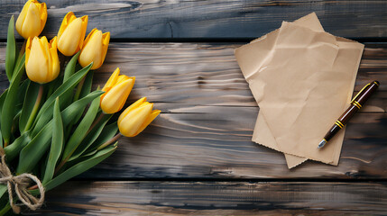 Wall Mural - Bouquet of yellow blossom Tulip flowers with blank ancient paper and pen on wood table, note mock up, summer time illustration